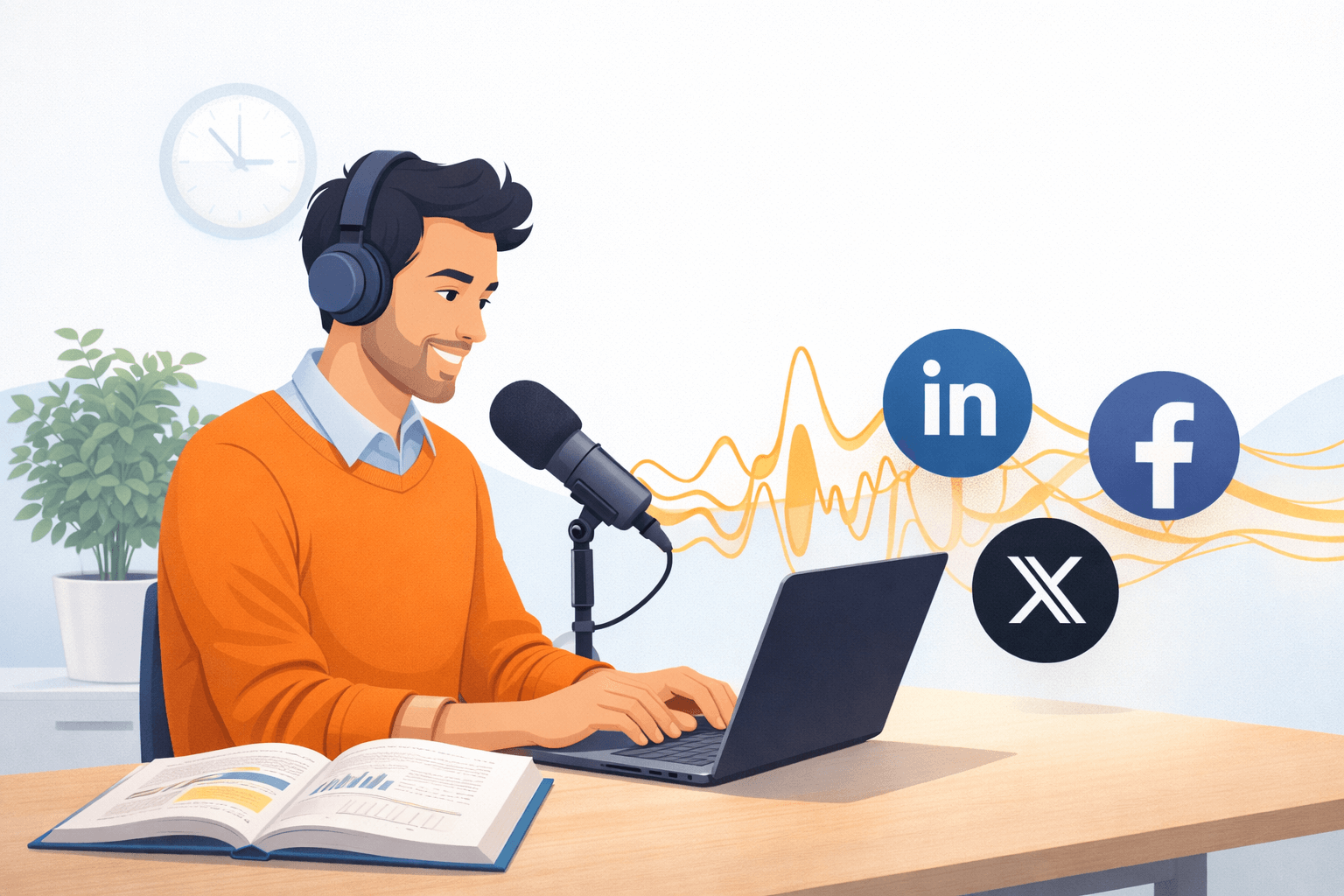 Flat illustration of a creator recording at a desk as audio waveforms flow into LinkedIn, Facebook, and X icons.