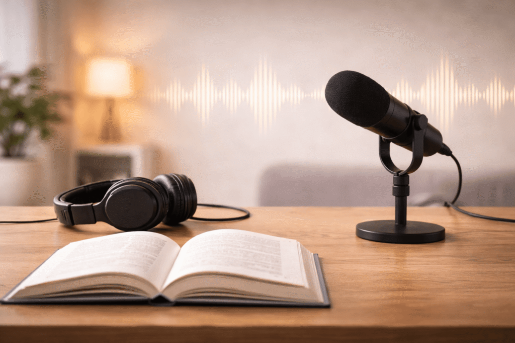 Photorealistic banner image of a professional audiobook or podcast studio setup, featuring a broadcast microphone on a boom stand, closed-back headphones, and an open hardcover book on a wooden desk. Soft soundwave graphics glow in the background with warm ambient lighting, creating a clean, modern, high-end editorial vibe for media and publishing.