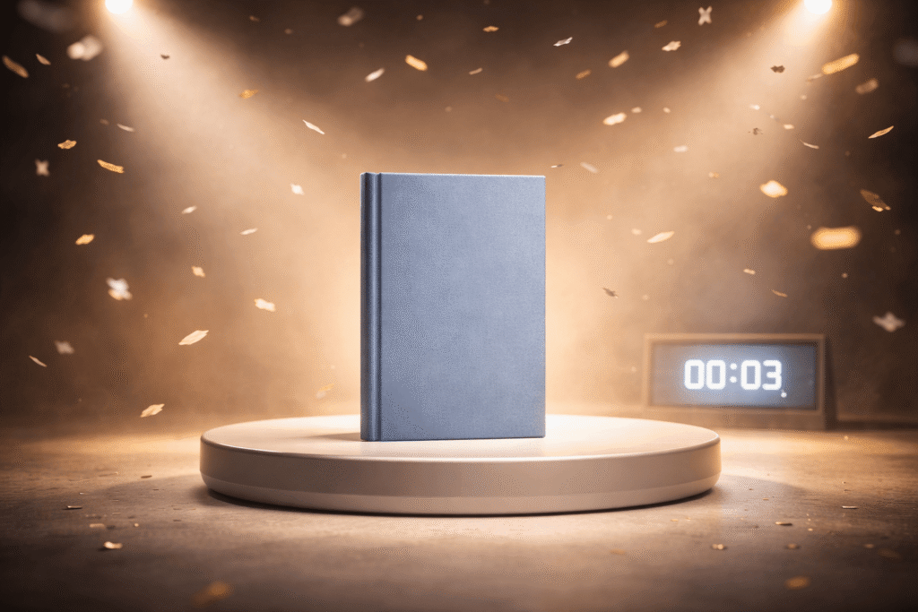 Photorealistic wide banner image of a hardcover book standing on a glowing white launch pad stage, surrounded by soft cinematic spotlighting and golden confetti falling through the air. A digital countdown timer in the background displays “00:03,” evoking anticipation and strategic book launch momentum — clean, modern, and high-end editorial style.