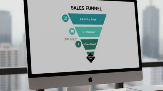 Gemini said A sleek computer monitor sits on a polished wooden desk, displaying a professional sales funnel diagram against a minimalist grey background. The diagram illustrates a strategic marketing flow, transitioning from a teal "Landing Page" section with a book icon down to a "Checkout" phase with a shopping cart icon, followed by a "Video Upsell" stage. An "Order Bump" callout is positioned between the initial steps, and the funnel culminates in a sharp black diamond representing a "High Ticket Offer." The setting is a contemporary office with a large window revealing a blurred urban skyline, accented by a white coffee mug and a wireless keyboard in the foreground.