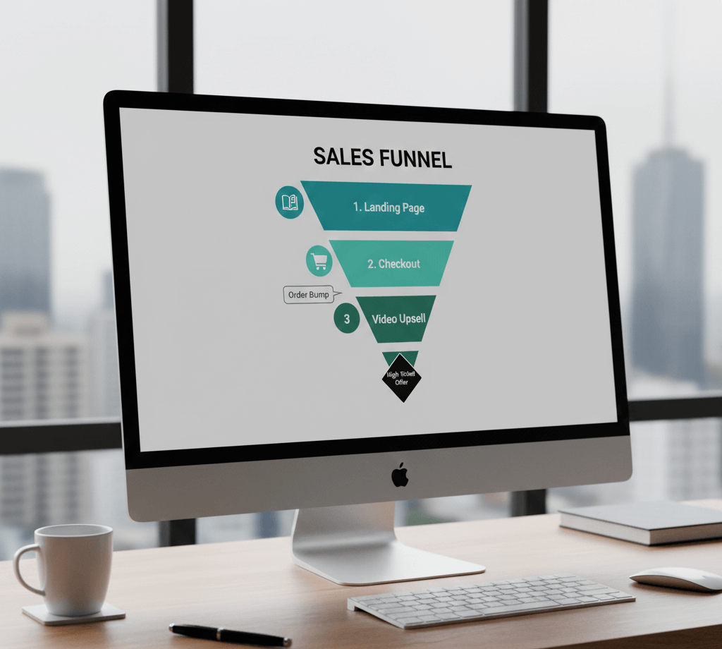 Gemini said A sleek computer monitor sits on a polished wooden desk, displaying a professional sales funnel diagram against a minimalist grey background. The diagram illustrates a strategic marketing flow, transitioning from a teal "Landing Page" section with a book icon down to a "Checkout" phase with a shopping cart icon, followed by a "Video Upsell" stage. An "Order Bump" callout is positioned between the initial steps, and the funnel culminates in a sharp black diamond representing a "High Ticket Offer." The setting is a contemporary office with a large window revealing a blurred urban skyline, accented by a white coffee mug and a wireless keyboard in the foreground.