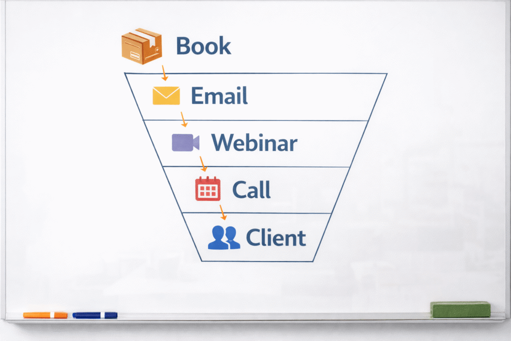 Whiteboard funnel diagram showing Book leading to Email, Webinar, Call, and Client, with simple icons for each step.