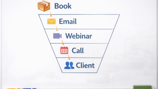 Whiteboard funnel diagram showing Book leading to Email, Webinar, Call, and Client, with simple icons for each step.