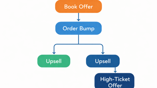 Simple marketing funnel diagram showing Book Offer flowing to Order Bump, then to an Upsell path and a High Ticket Offer.