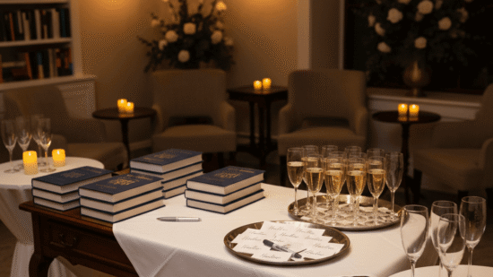 An elegant, intimate event space is bathed in warm, amber lighting, featuring a classic wooden signing table draped with a crisp white linen cloth. On the table, neat stacks of navy blue books with gold-embossed covers sit alongside a silver tray of handwritten name tags and several crystal champagne flutes filled with bubbly. In the background, plush armchairs, glowing candles, and delicate white floral arrangements create a sophisticated and inviting atmosphere, perfect for an exclusive book launch or author signing.