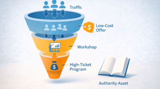 A clean marketing funnel diagram on a light background shows multiple figures labeled “Traffic” flowing into the top of a wide blue funnel. The funnel narrows through three stages: a “Low-Cost Offer” marked by a price tag icon, a “Workshop” illustrated with a presenter and audience, and a “High-Ticket Program” represented by a money bag icon at the bottom. To the right of the funnel is an open book icon labeled as an authority asset, symbolizing credibility supporting the entire funnel.