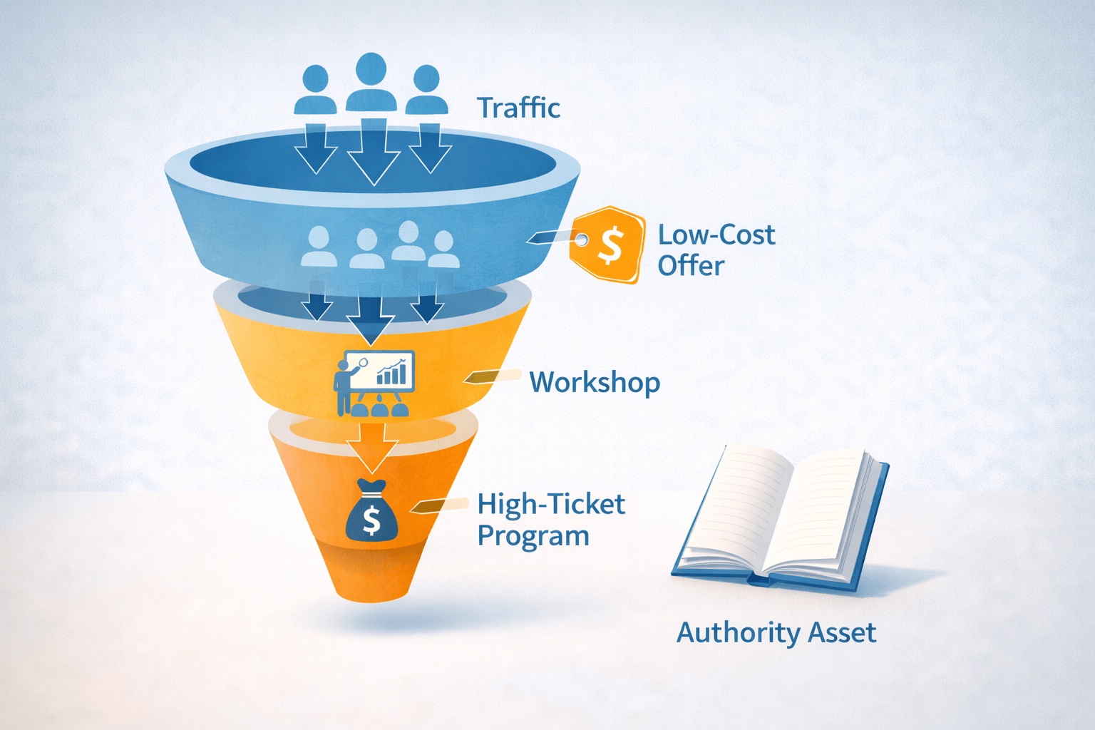 A clean marketing funnel diagram on a light background shows multiple figures labeled “Traffic” flowing into the top of a wide blue funnel. The funnel narrows through three stages: a “Low-Cost Offer” marked by a price tag icon, a “Workshop” illustrated with a presenter and audience, and a “High-Ticket Program” represented by a money bag icon at the bottom. To the right of the funnel is an open book icon labeled as an authority asset, symbolizing credibility supporting the entire funnel.
