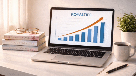 A minimalist desk scene bathed in warm, natural light shows a silver laptop with a rising bar graph labeled "ROYALTIES" and a bold orange arrow indicating increasing earnings. To the left of the laptop is a neat stack of three romance novels titled Romance Novel, Love Story, and Summer Romance, topped with a pair of reading glasses. On the right side of the desk sits a white coffee mug filled with black coffee, a small potted plant, and a spiral notepad with a black pen resting on it. The setting feels modern, clean, and creatively inspiring.