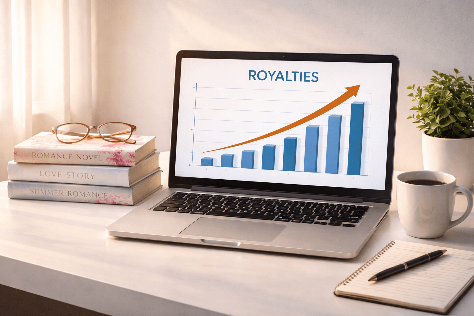 A minimalist desk scene bathed in warm, natural light shows a silver laptop with a rising bar graph labeled "ROYALTIES" and a bold orange arrow indicating increasing earnings. To the left of the laptop is a neat stack of three romance novels titled Romance Novel, Love Story, and Summer Romance, topped with a pair of reading glasses. On the right side of the desk sits a white coffee mug filled with black coffee, a small potted plant, and a spiral notepad with a black pen resting on it. The setting feels modern, clean, and creatively inspiring.