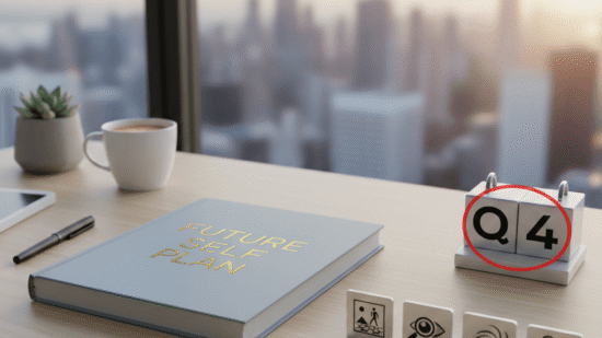 A clean, modern wooden desk sits before a floor-to-ceiling window overlooking a soft city sunrise, anchored by a grey hardcover journal embossed with the gold title "FUTURE SELF PLAN." To its right, a minimalist block calendar is circled in red to highlight "Q4," while a row of four sleek, square icons—Frame, Focus, Teleportation, and Accountability—rests in the foreground with distinct symbolic graphics. A matte grey potted succulent, a white coffee mug, and a black pen complete the organized workspace, creating a serene and professional atmosphere dedicated to strategic goal-setting.
