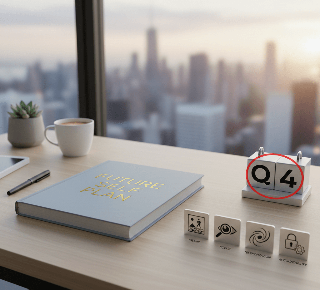 A clean, modern wooden desk sits before a floor-to-ceiling window overlooking a soft city sunrise, anchored by a grey hardcover journal embossed with the gold title "FUTURE SELF PLAN." To its right, a minimalist block calendar is circled in red to highlight "Q4," while a row of four sleek, square icons—Frame, Focus, Teleportation, and Accountability—rests in the foreground with distinct symbolic graphics. A matte grey potted succulent, a white coffee mug, and a black pen complete the organized workspace, creating a serene and professional atmosphere dedicated to strategic goal-setting.