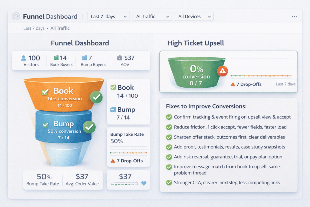 Split screen SaaS funnel dashboard showing Book and Bump converting on the left, and a High Ticket Upsell with 0 percent conversion on the right, plus a checklist of fixes.