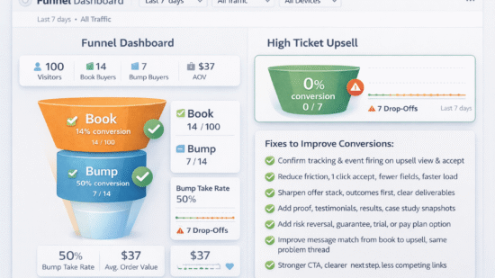 Split screen SaaS funnel dashboard showing Book and Bump converting on the left, and a High Ticket Upsell with 0 percent conversion on the right, plus a checklist of fixes.