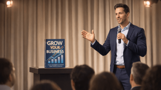 Business owner speaks on a small stage under warm lights, with a book displayed on a podium in front of an audience.