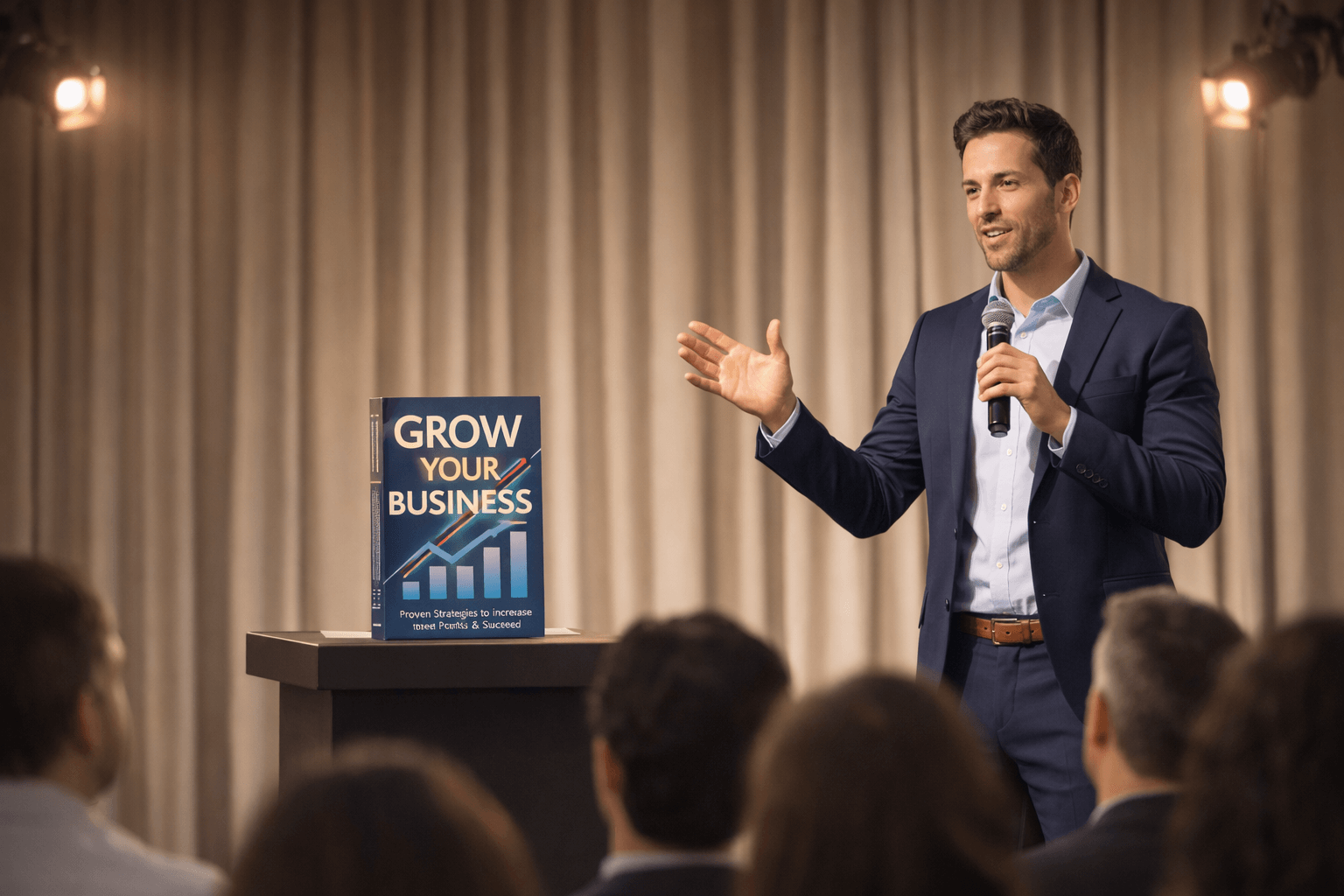 Business owner speaks on a small stage under warm lights, with a book displayed on a podium in front of an audience.