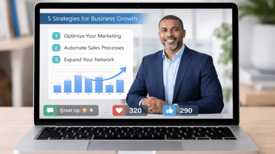 Laptop screen shows a webinar presenter beside a slide deck, with chat and reaction icons indicating live audience engagement.