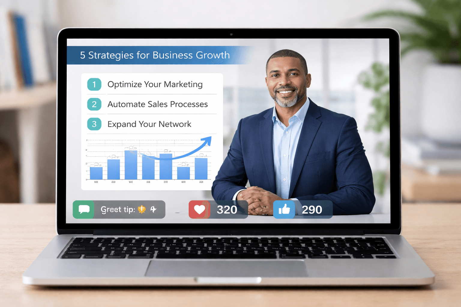 Laptop screen shows a webinar presenter beside a slide deck, with chat and reaction icons indicating live audience engagement.