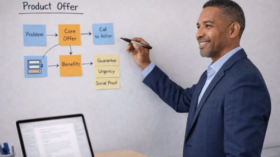 Business coach points to a whiteboard product offer framework made with sticky notes, while an open laptop sits on a desk nearby