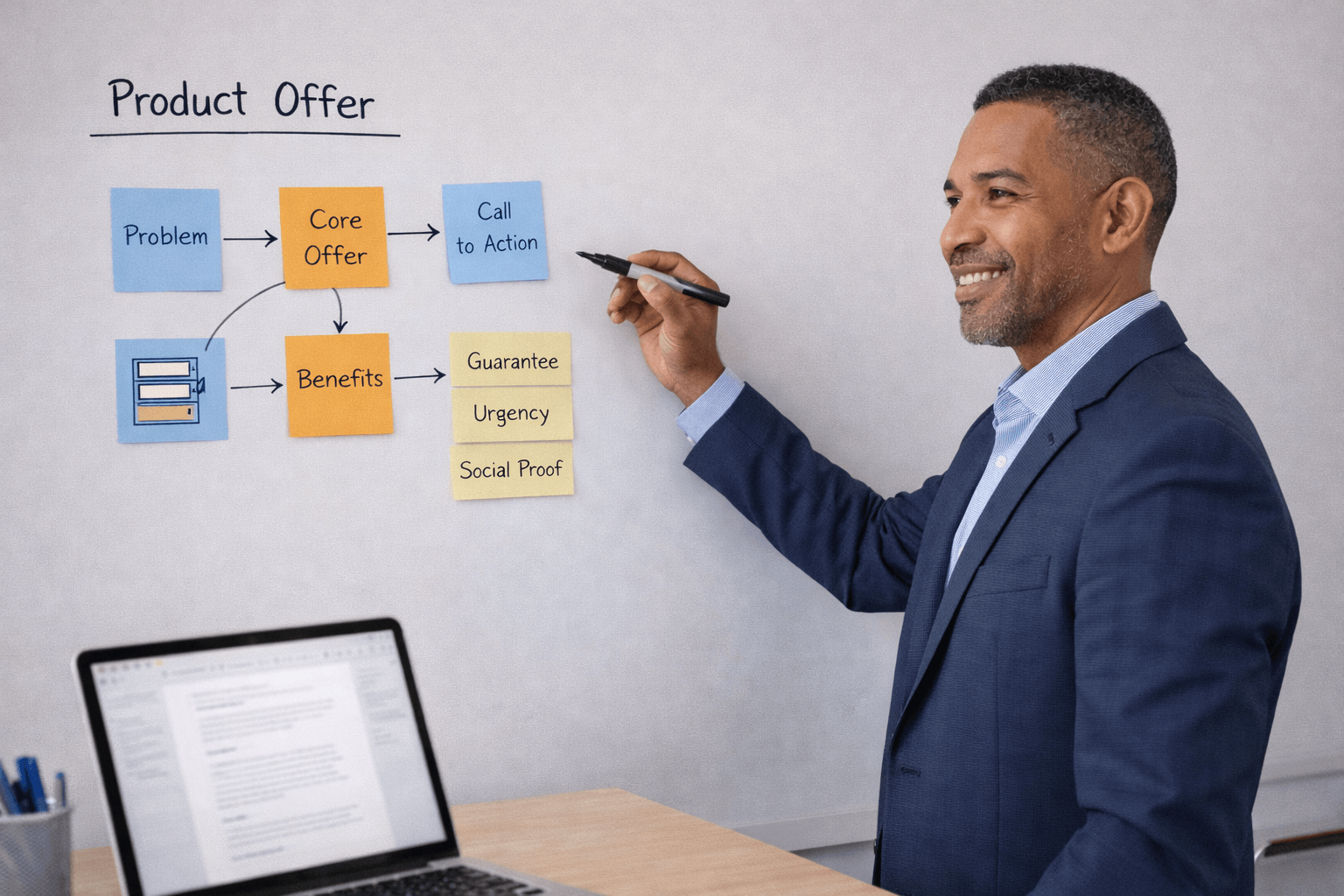 Business coach points to a whiteboard product offer framework made with sticky notes, while an open laptop sits on a desk nearby