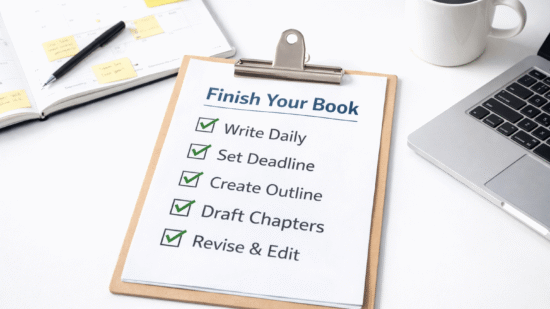 Minimalist desk scene with a Finish Your Book checklist on a clipboard, alongside a calendar planner, laptop, and coffee.