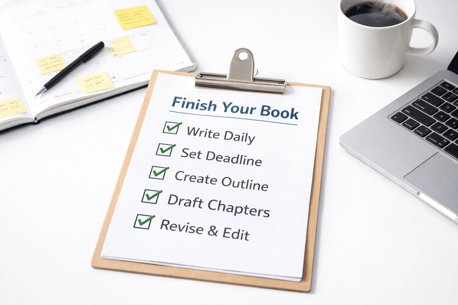 Minimalist desk scene with a Finish Your Book checklist on a clipboard, alongside a calendar planner, laptop, and coffee.