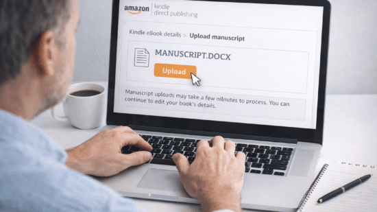 A man is seated at a white desk, uploading a document titled "MANUSCRIPT.DOCX" to Amazon Kindle Direct Publishing (KDP) on his laptop. The screen shows the KDP interface with a large orange “Upload” button and a message below indicating the upload process may take a few minutes. His right hand is near the keyboard, while a white coffee mug sits to the left of the laptop. On the right side of the desk is a lined notepad with a black pen resting on top. The workspace is clean and lit with soft, natural light.