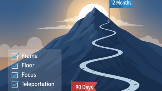 A bold, vector-style illustration features a winding white path ascending a dark blue mountain toward a glowing sun at the peak. A red flag labeled "90 Days" is planted at the start of the trail, while a blue flag labeled "12 Months" stands triumphantly at the summit. On the left, a semi-transparent checklist box displays five items with blue checkmarks: Frame, Floor, Focus, Teleportation, and Accountability. The clean, graphic design uses high contrast to symbolize a clear and structured journey toward long-term success.