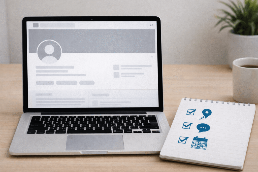Laptop on a desk showing a blurred LinkedIn style profile layout beside a notepad with three icon checklist items for targeting, scripts, and a 90 day plan