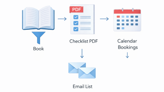 Clean funnel diagram showing a book leading to a checklist PDF, then to an email list and calendar bookings.