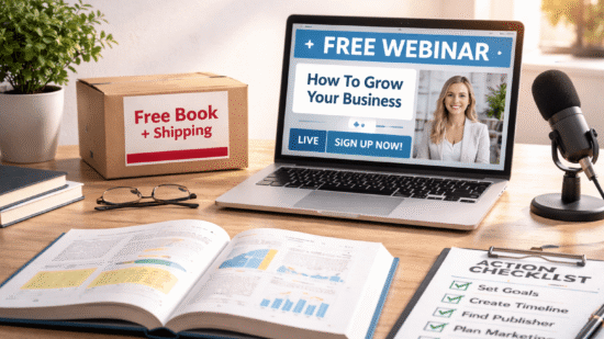 Bright desk scene with an open business book, a laptop showing a webinar signup screen, a shipping box labeled Free Book plus Shipping, and a desktop microphone.