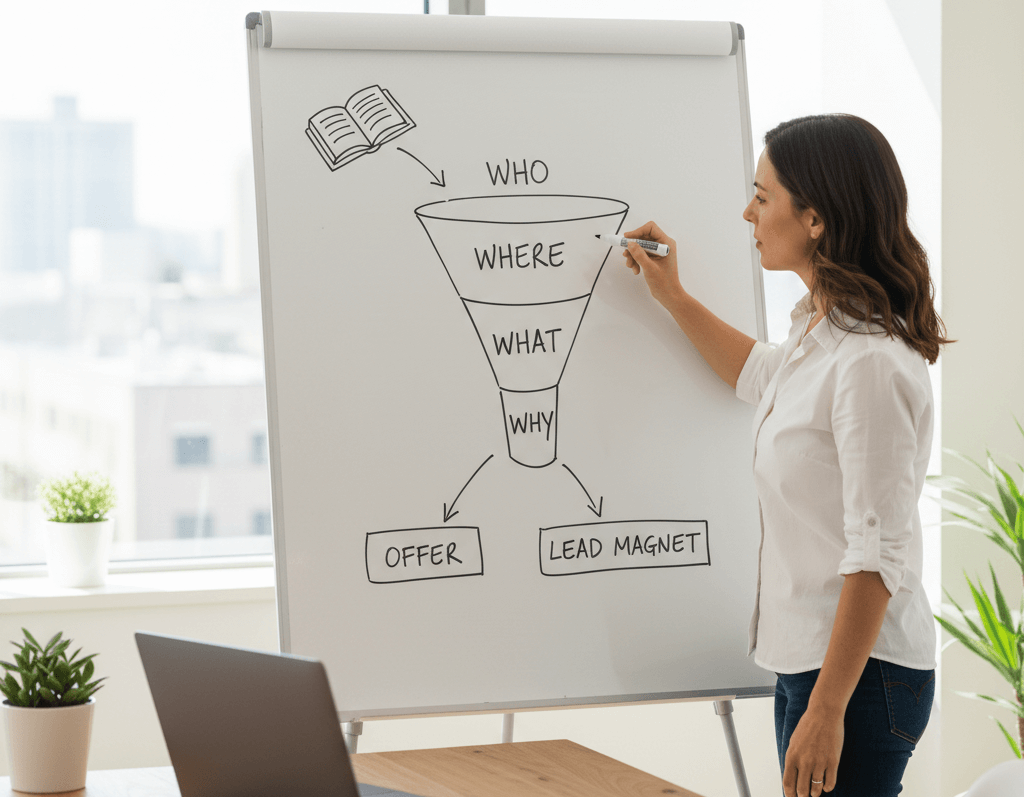 Gemini said In a bright, modern office, a woman in a white shirt stands beside a flip-chart whiteboard, illustrating a strategic marketing funnel with a black marker. The hand-drawn funnel is labeled from top to bottom with the words WHO, WHERE, WHAT, and WHY, with a simple book icon feeding into the top. At the base of the diagram, two arrows point toward boxes labeled OFFER and LEAD MAGNET. The foreground features a wooden desk with a laptop and potted plants, while a large window in the background fills the room with soft, natural light, creating an atmosphere of professional planning and creative strategy.