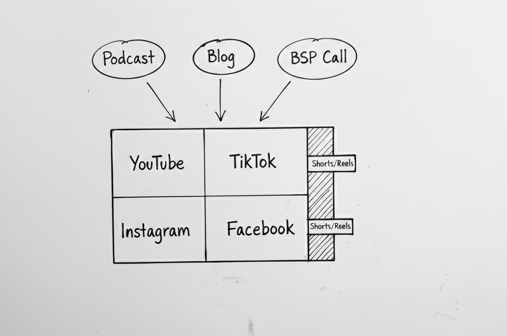 A clean whiteboard-style diagram centered on a white background illustrates a content distribution workflow. Three hand-drawn circles at the top, labeled "Podcast," "Blog," and "BSP Call," point downward with arrows toward a large rectangular grid. This grid is divided into four main quadrants for YouTube, TikTok, Instagram, and Facebook, with two narrow shaded columns on the right edge labeled "Shorts/Reels" to represent repurposed short-form content.