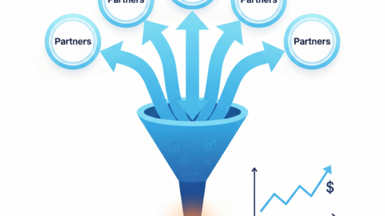 A professional infographic features five glowing blue circles, each labeled "Partners," arranged in an arc and connected by arrows that funnel traffic downward into a central blue funnel. At the narrow base of the funnel, an open book icon glows with a warm light, signaling the conversion point. To the right of the book, a sleek line graph titled "Core Offer Revenue Graph" shows an upward-trending blue arrow culminating in a dollar sign, visually representing the successful flow from partnership traffic to revenue growth.