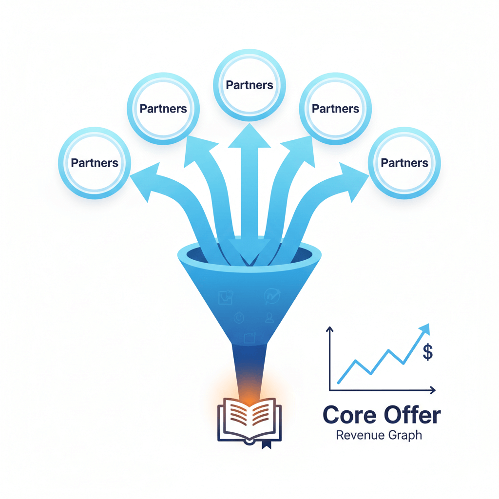 A professional infographic features five glowing blue circles, each labeled "Partners," arranged in an arc and connected by arrows that funnel traffic downward into a central blue funnel. At the narrow base of the funnel, an open book icon glows with a warm light, signaling the conversion point. To the right of the book, a sleek line graph titled "Core Offer Revenue Graph" shows an upward-trending blue arrow culminating in a dollar sign, visually representing the successful flow from partnership traffic to revenue growth.