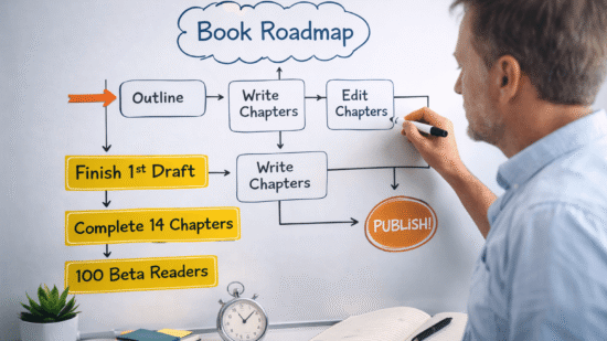 A middle-aged male author stands at a whiteboard labeled "Book Roadmap," drawing with a black marker. The roadmap features a flowchart of the book writing process, starting with “Outline,” followed by “Write Chapters” and “Edit Chapters.” Highlighted yellow boxes below list goals such as “Finish 1st Draft,” “Complete 14 Chapters,” and “100 Beta Readers,” all pointing toward an orange final goal labeled “PUBLISH!” On the desk below are a white coffee mug, a potted succulent, sticky notes, a silver analog timer showing 11:50, and an open notebook with a pen. The workspace is neat and well-lit.