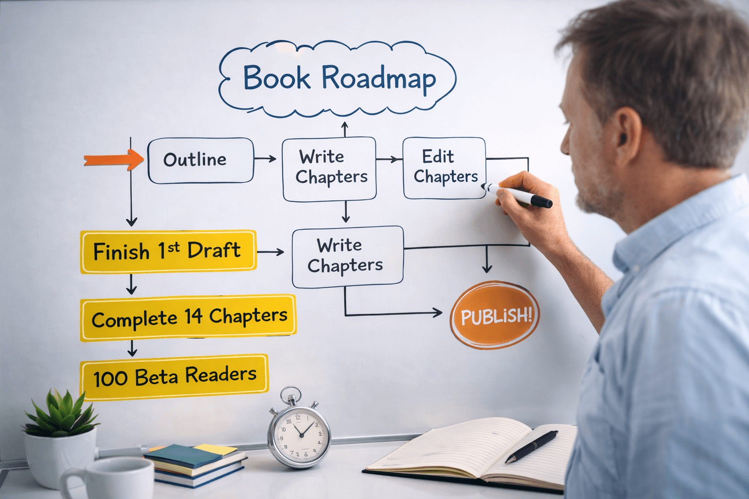 A middle-aged male author stands at a whiteboard labeled "Book Roadmap," drawing with a black marker. The roadmap features a flowchart of the book writing process, starting with “Outline,” followed by “Write Chapters” and “Edit Chapters.” Highlighted yellow boxes below list goals such as “Finish 1st Draft,” “Complete 14 Chapters,” and “100 Beta Readers,” all pointing toward an orange final goal labeled “PUBLISH!” On the desk below are a white coffee mug, a potted succulent, sticky notes, a silver analog timer showing 11:50, and an open notebook with a pen. The workspace is neat and well-lit.