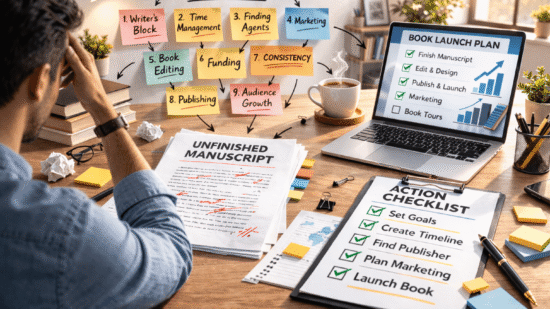 Bright modern office scene of an author reviewing an unfinished manuscript, with obstacle sticky notes on the wall and a checklist beside a laptop showing a book launch plan.