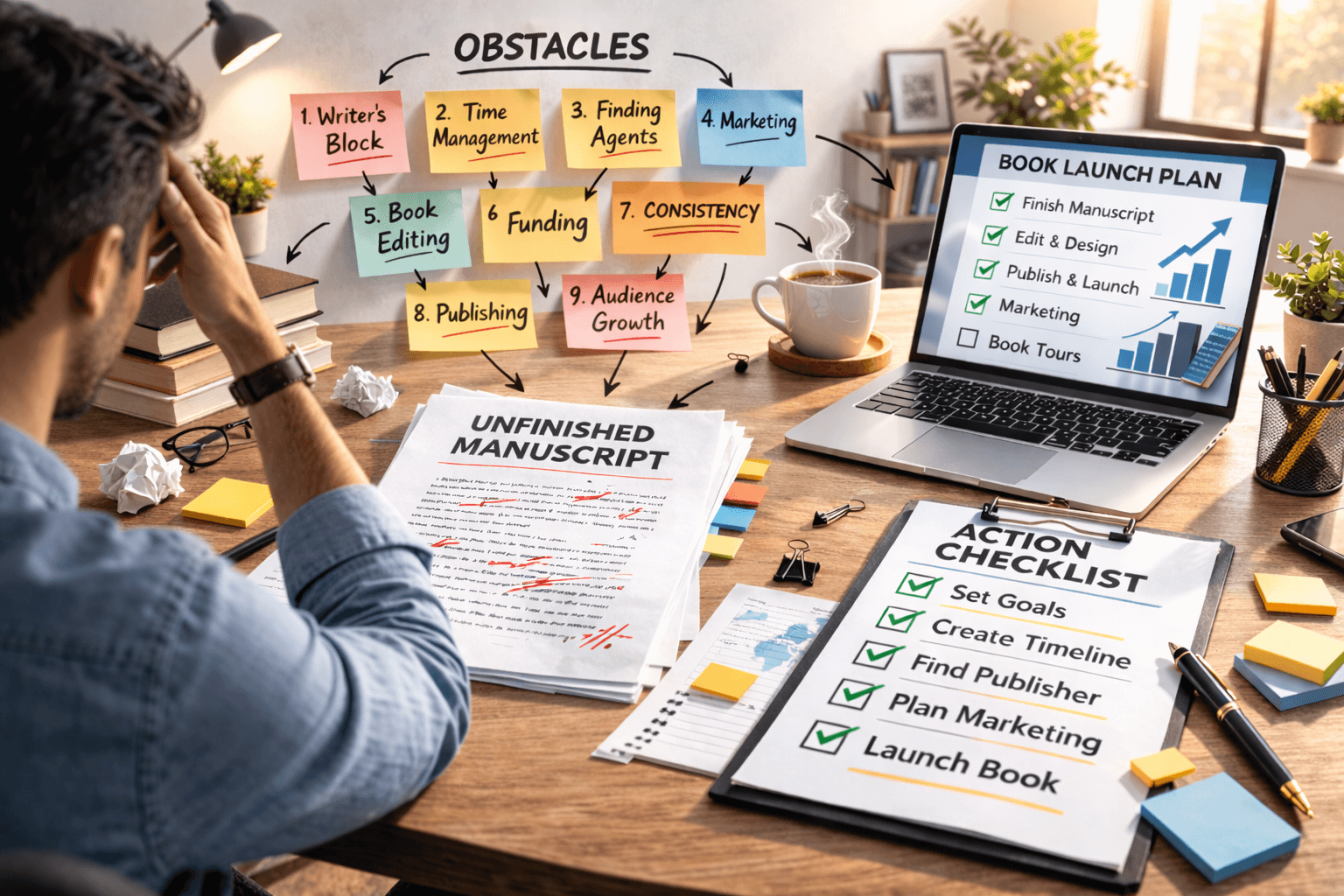 Bright modern office scene of an author reviewing an unfinished manuscript, with obstacle sticky notes on the wall and a checklist beside a laptop showing a book launch plan.