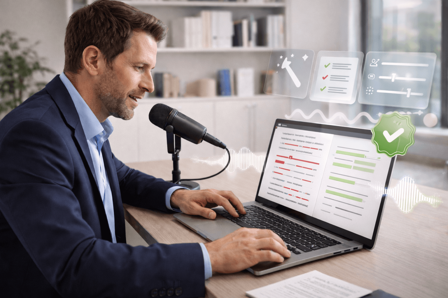 Author speaks into a desk microphone while editing a manuscript on a laptop, with an audio waveform flowing into simple icon overlays and a green approval badge in a bright modern office.