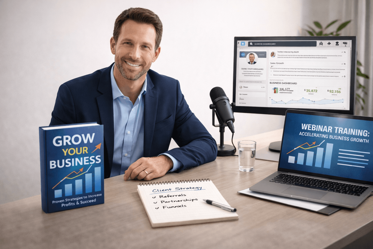 Business author at a desk with a published book, podcast microphone, laptop showing webinar slides, and a screen with a business dashboard and LinkedIn style page.