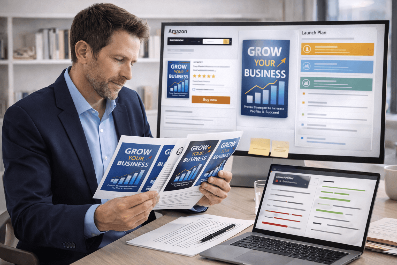 Professional author reviews printed book cover mockups at a modern desk while a large monitor shows an Amazon listing layout and a launch plan dashboard.