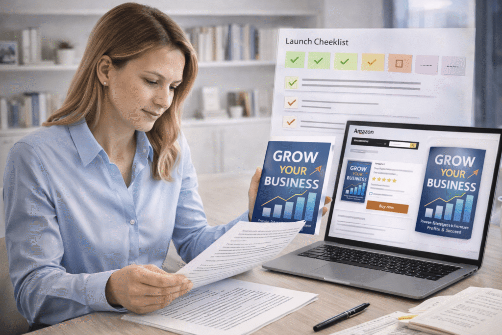 First time author reviews manuscript pages and a book cover mockup at a modern desk while a laptop shows an Amazon listing layout and a launch checklist panel.