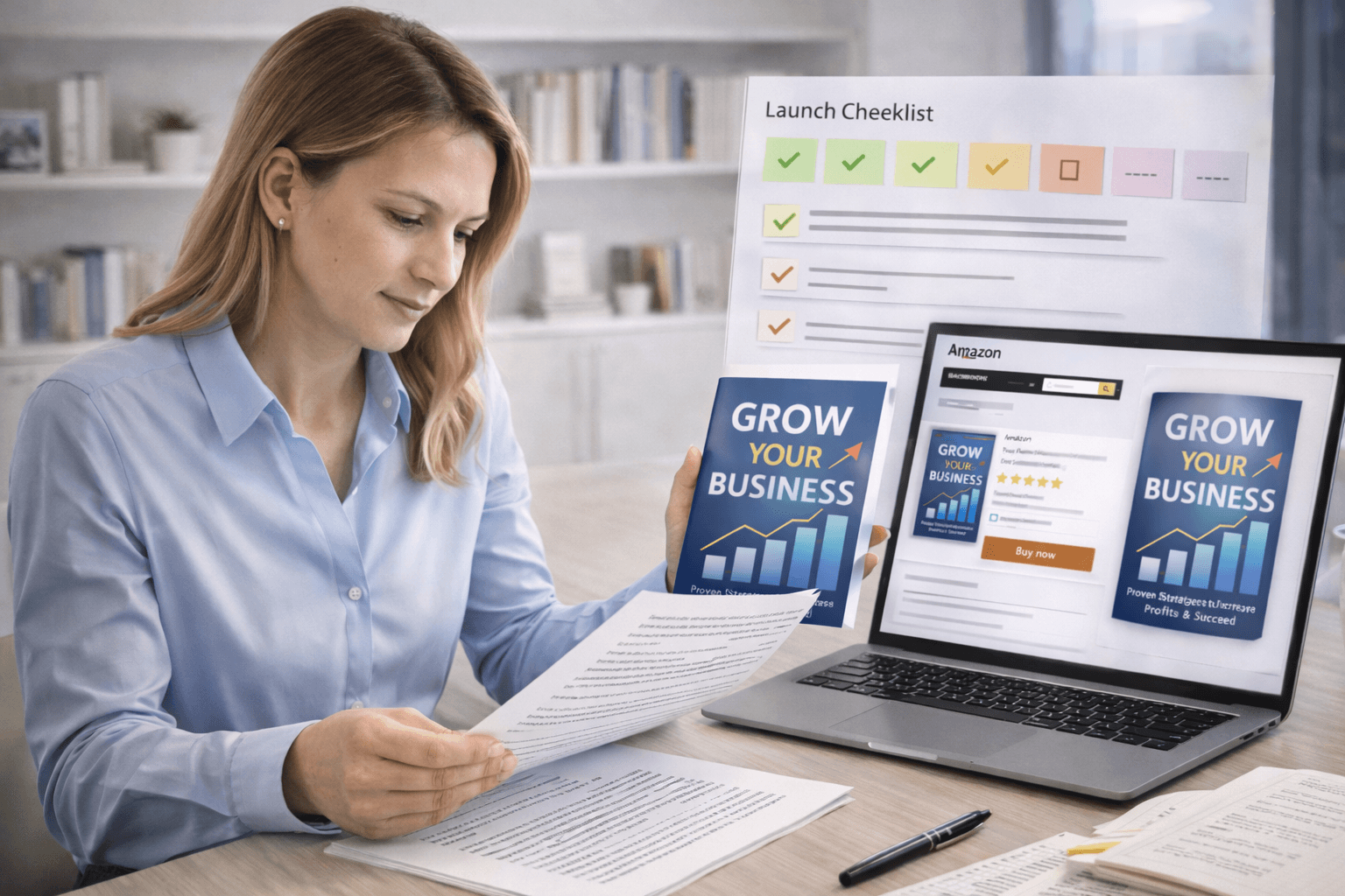 First time author reviews manuscript pages and a book cover mockup at a modern desk while a laptop shows an Amazon listing layout and a launch checklist panel.