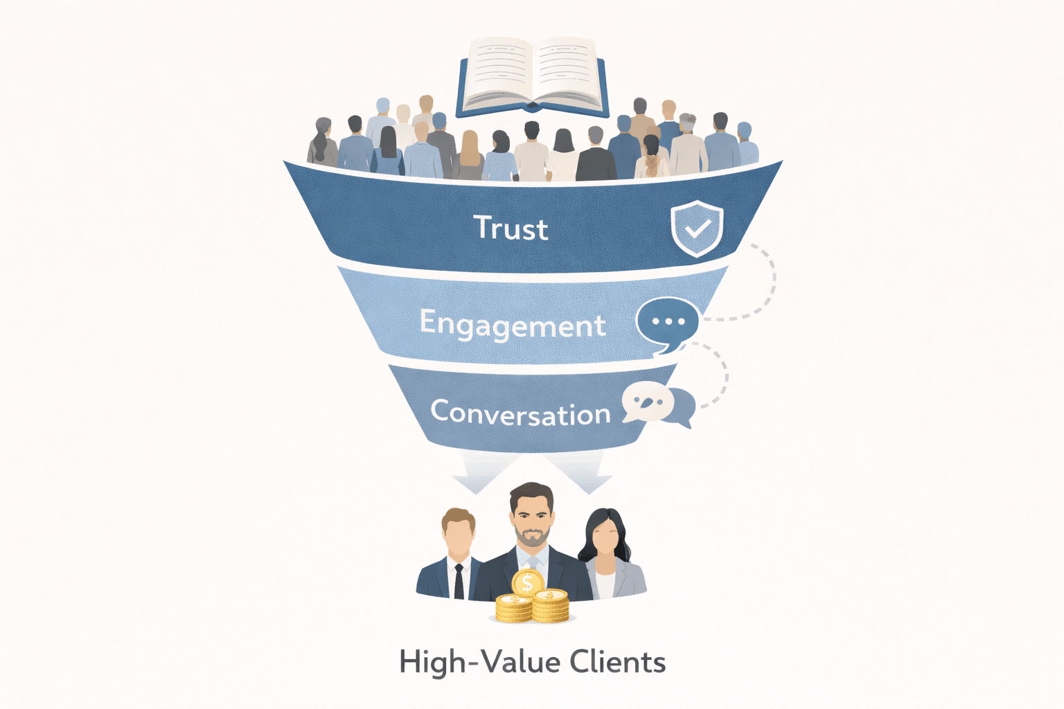 A clean, modern funnel illustration shows a group of book readers entering at the top beneath an open book icon. The funnel narrows through three labeled stages—“Trust,” “Engagement,” and “Conversation”—each represented with simple icons like a shield and chat bubbles. At the bottom, a small group of professional-looking individuals emerges, symbolizing high-value clients, accompanied by subtle visual cues of success such as coins.