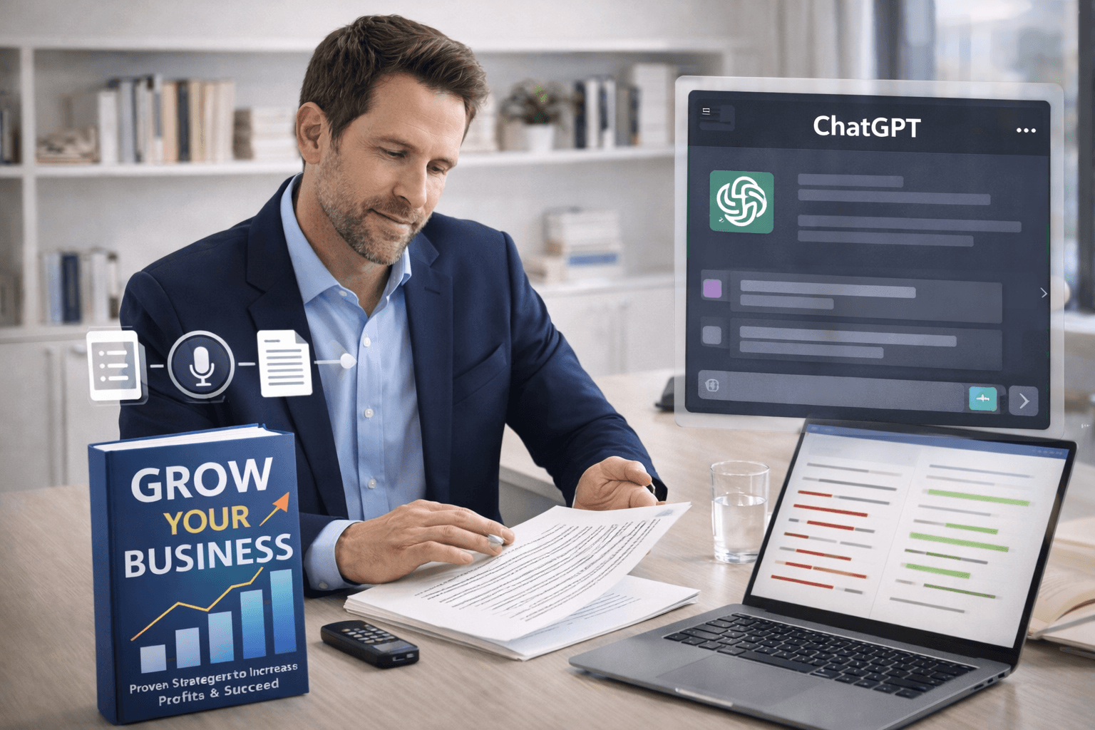 Business author reviews a printed manuscript at a modern desk while a laptop shows an editing view and a large on screen ChatGPT panel appears as a support tool.