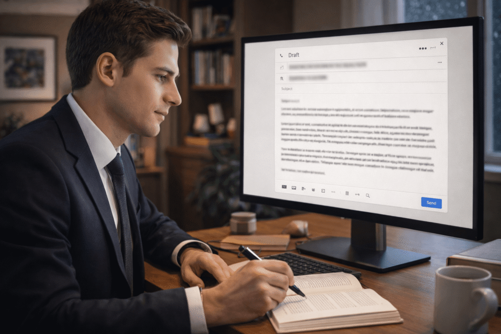 A young professional man in formal business attire sits at a wooden desk in a warmly lit home office, focused on a large monitor displaying a single email draft interface with a clean, minimal layout and no readable text. He holds a pen over an open notebook while reviewing the email, with a coffee mug and soft ambient lighting creating a calm, productive workspace.