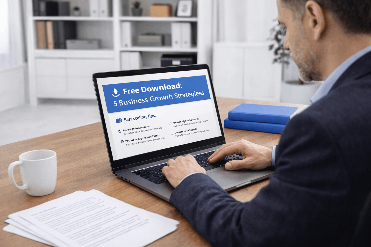 A middle-aged professional author sits at a modern wooden desk, focused on working on a laptop displaying a clean email dashboard with a lead magnet offer. Beside the laptop is a neatly stacked set of horizontal blue books with no visible text on the covers. Papers and a coffee mug rest on the desk, while a bright, minimal office background with shelves and a plant creates a clean, professional workspace.