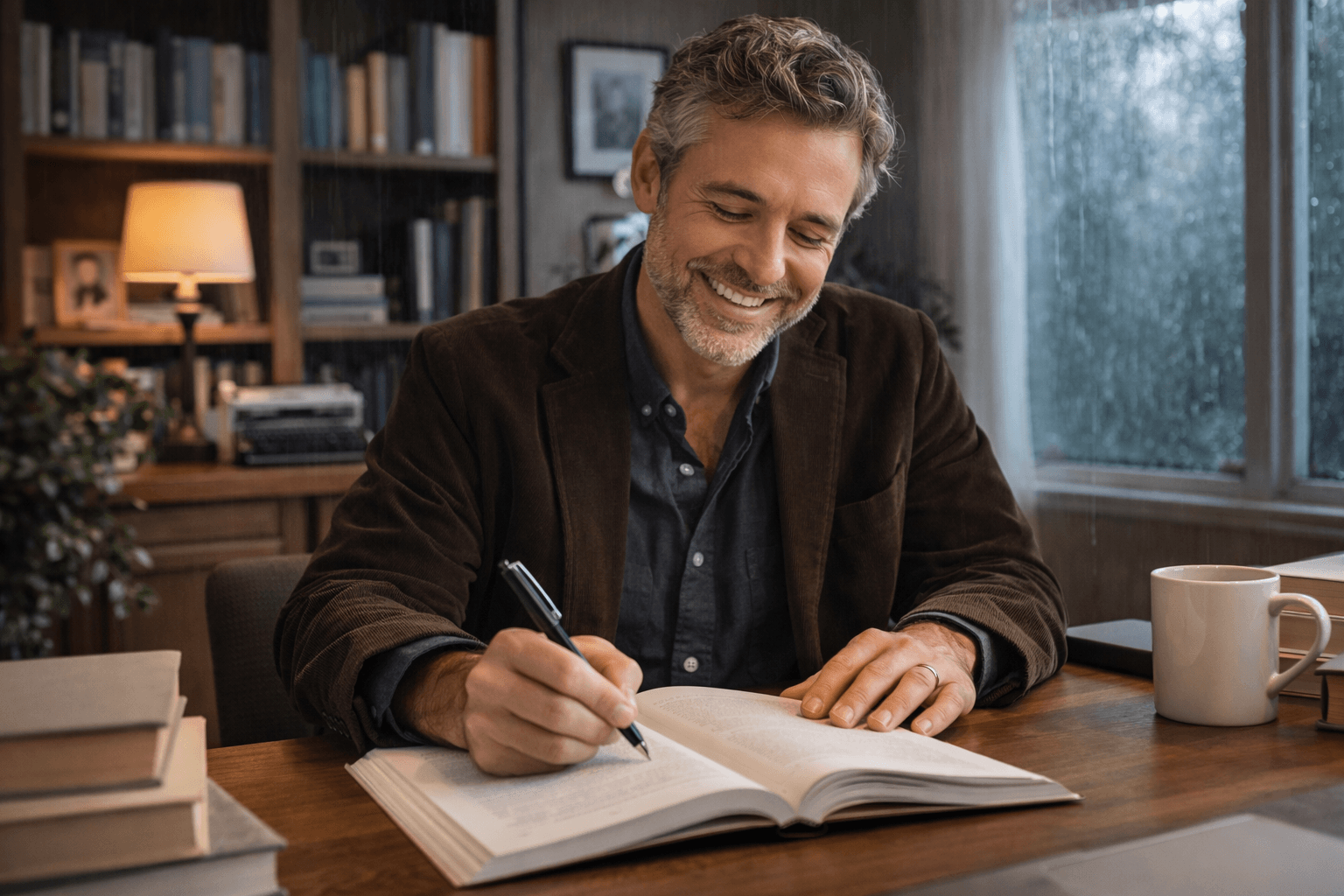 A middle-aged author sits at a wooden desk in a cozy home office, smiling as he writes in an open book with a pen. He wears a casual blazer and shirt, giving a relaxed yet professional look. Behind him are bookshelves, a warm desk lamp, and a window with raindrops streaming down, showing a rainy outdoor scene. A coffee mug and stacked books rest on the desk, creating a calm, focused, and comfortable writing atmosphere.