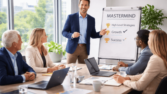 Business coach leads a small private mastermind in a modern boardroom, presenting at a flip chart while a select group listens.