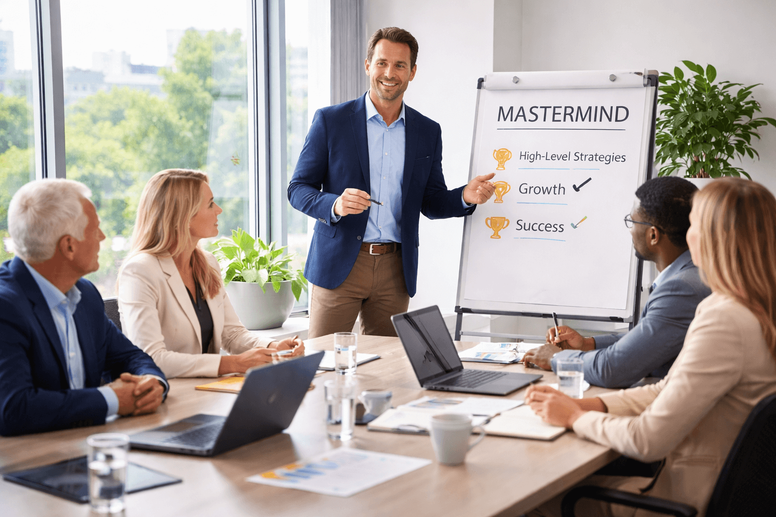 Business coach leads a small private mastermind in a modern boardroom, presenting at a flip chart while a select group listens.